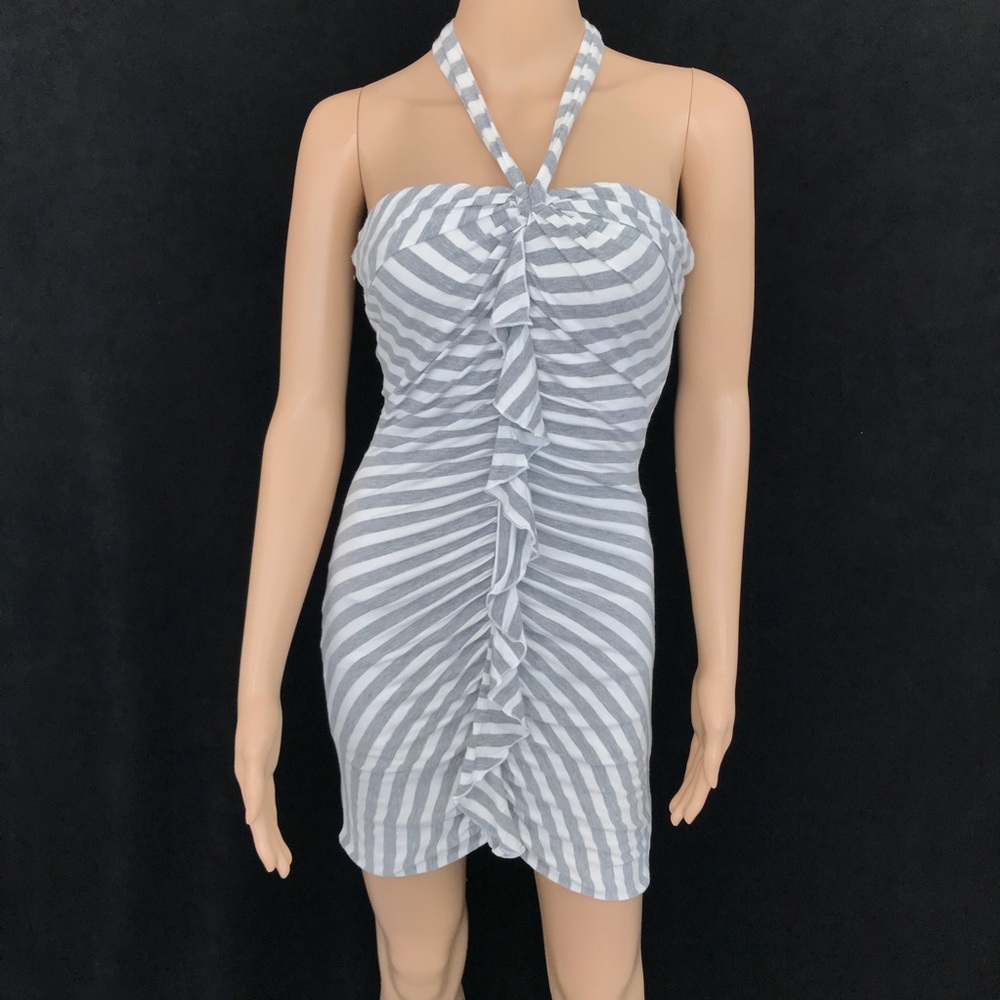 Bebe Halter White/Grey Stripped Dress Size S - Picture 3 of 9